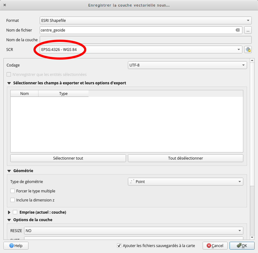 enregistrer sous wgs84